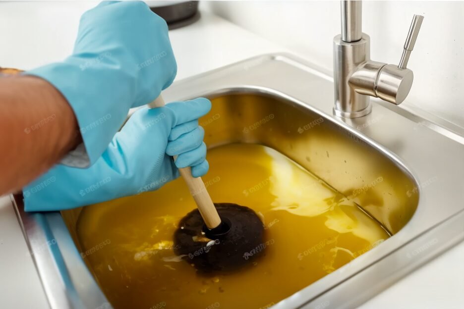 Person unclogging sink with rubber plunger.