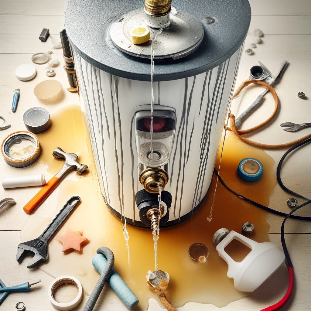 Leaking water heater with repair tools scattered.