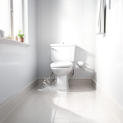 Overflowing toilet with water on bathroom floor.