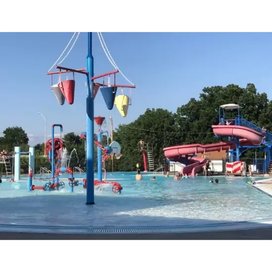 Outdoor water park with slides and splash buckets. aquatic center in del city, ok.