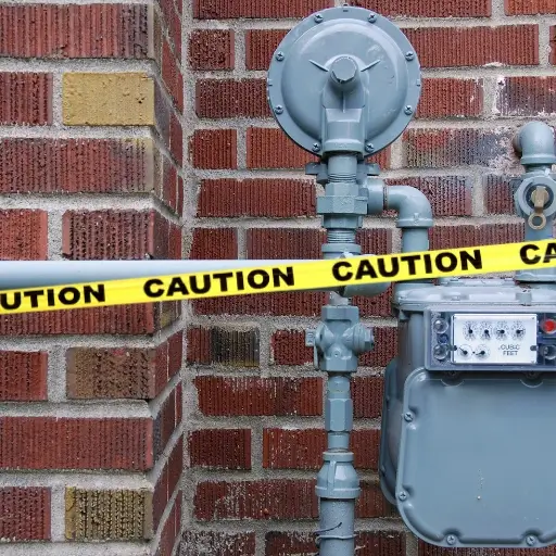 Gas meter with caution tape next to a brick wall.