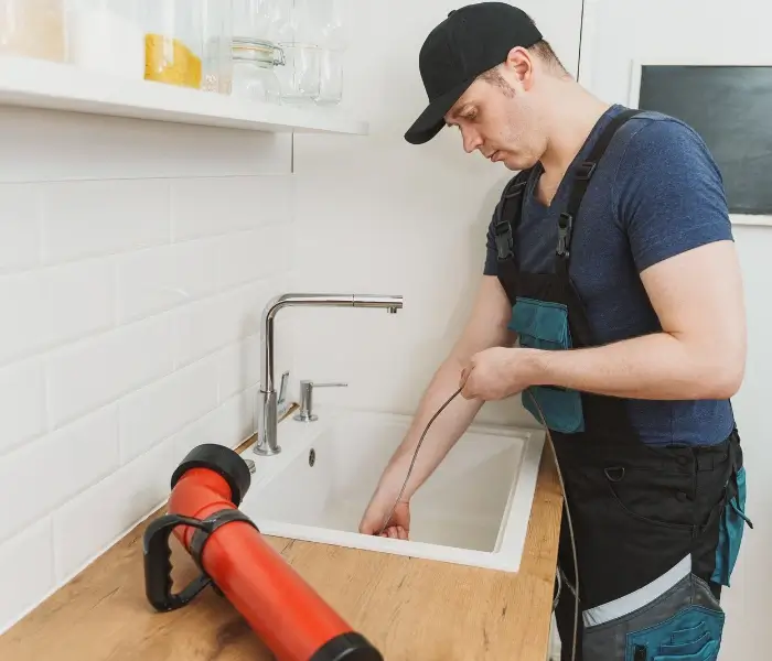 800x600 Plumber unclogging kitchen sink with tools.