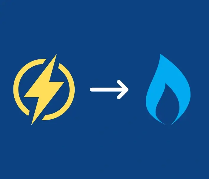 Electricity to gas transformation symbol on blue background.