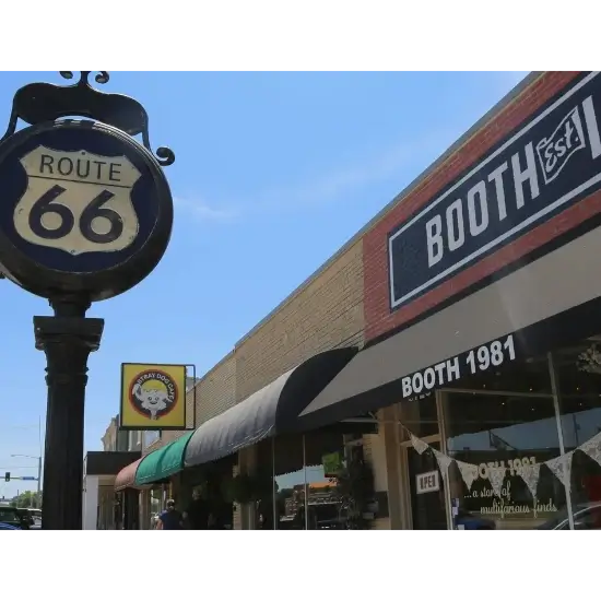 Route 66 storefronts with signs and shops om Bethany, OK.