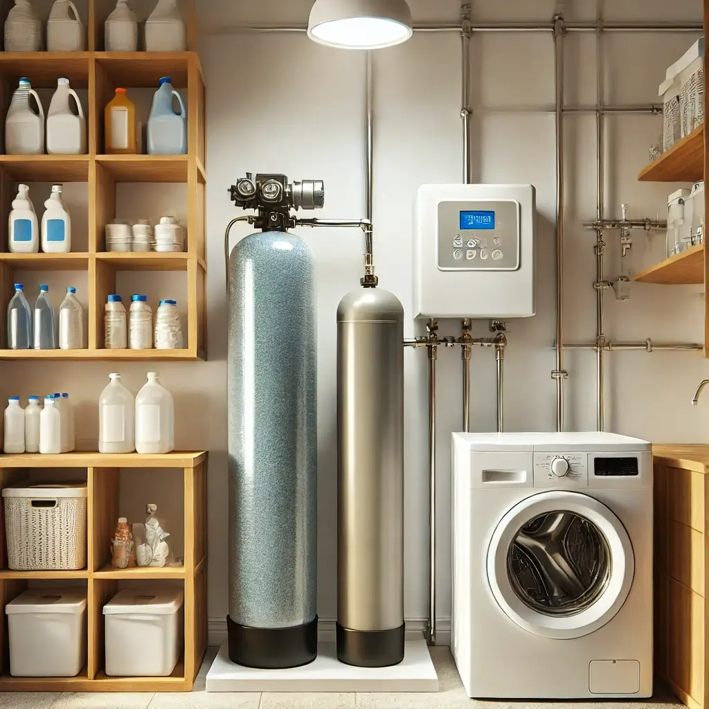 Laundry room with water softener system and washer.