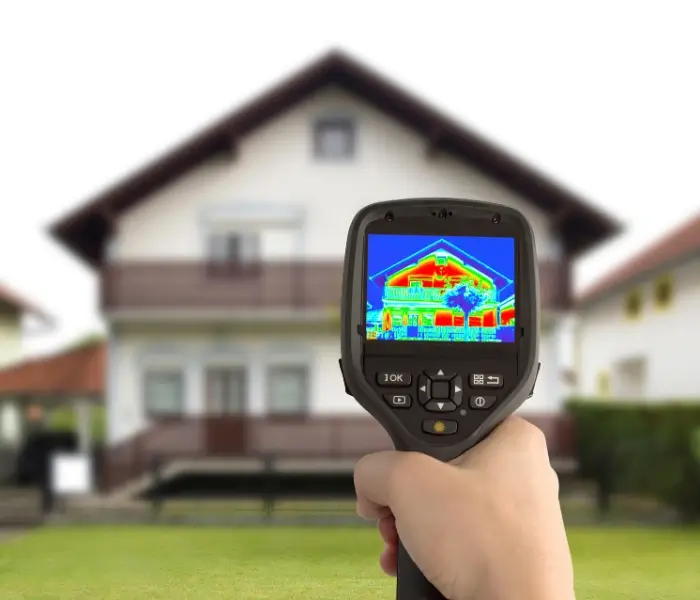800x600 Thermal camera showing house heat loss detection.