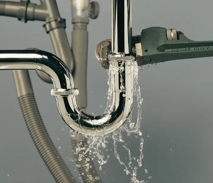 800x600 Leaking pipe being repaired with wrench.