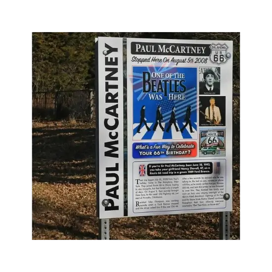 Paul McCartney Route 66 sign in arcadia, ok with Beatles theme. photo by shellee graham