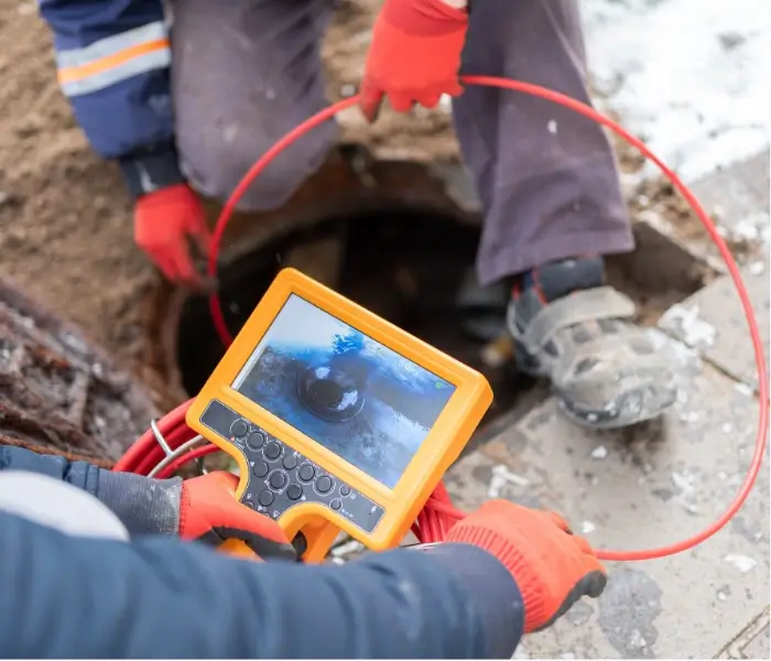 800x600 Technicians inspecting sewer with camera equipment.
