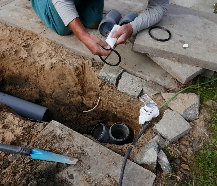 Person repairing underground pipe with tools and materials.
