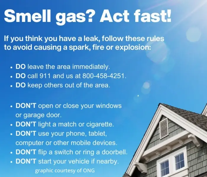 Gas leak emergency safety instructions.<br />
courtesy of ONG