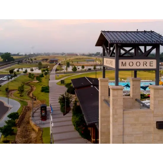 Aerial view of Moore, OK The Station at Central Park entrance.