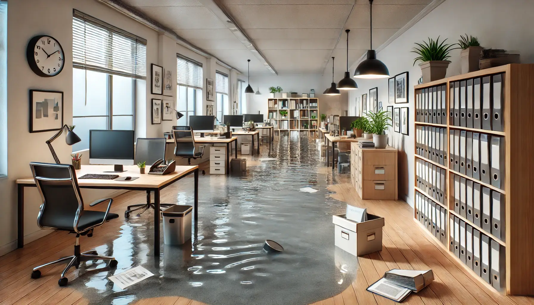 Flooded office with desks and files.