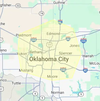 Map of the Oklahoma City metro area highlighting the center portions of the city in yellow. The yellow area represents the service area for Western Plumbing.